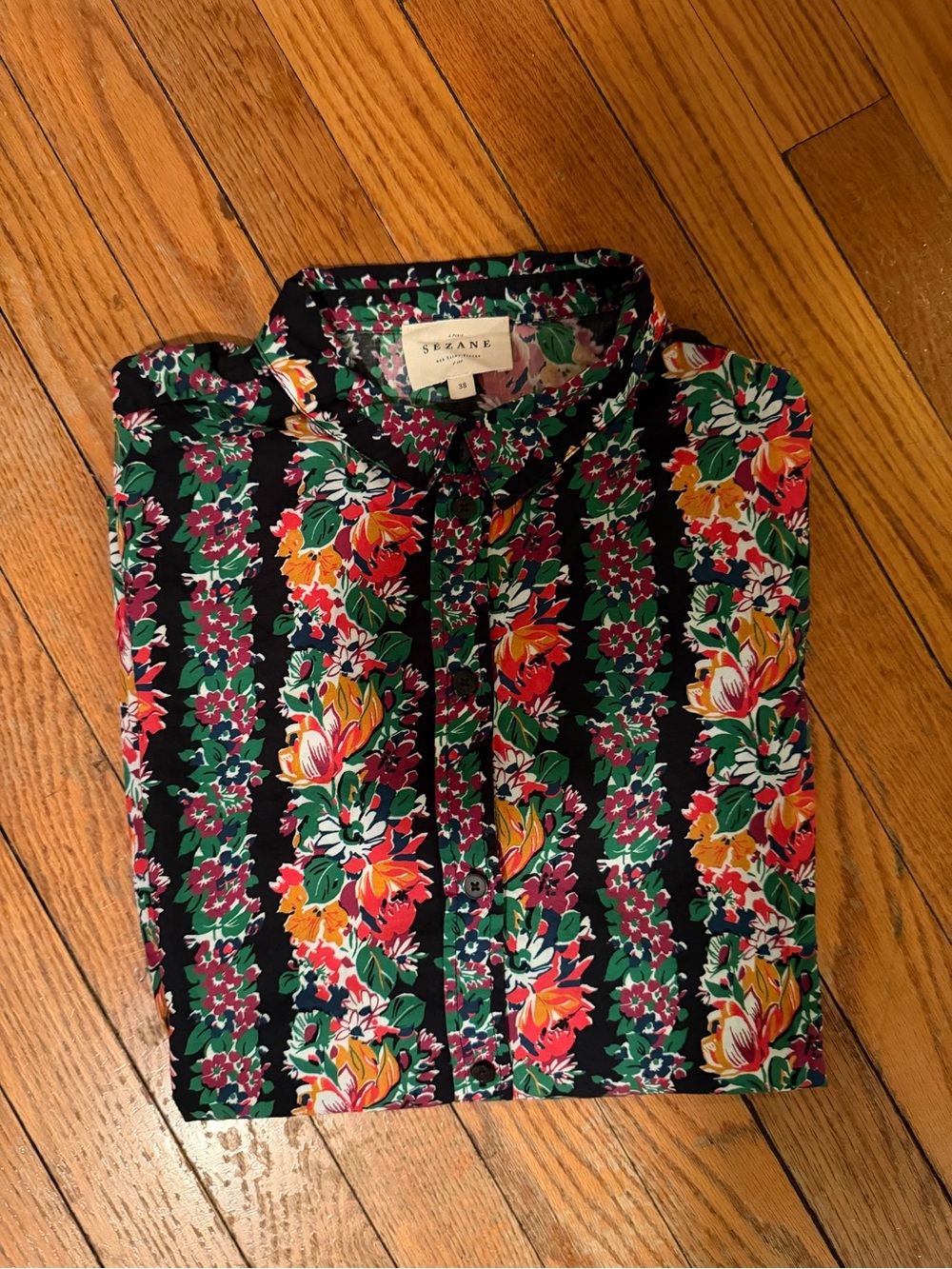 Sezane Pierrot Floral Button-Down Shirt - Black with Multicolor Floral Print